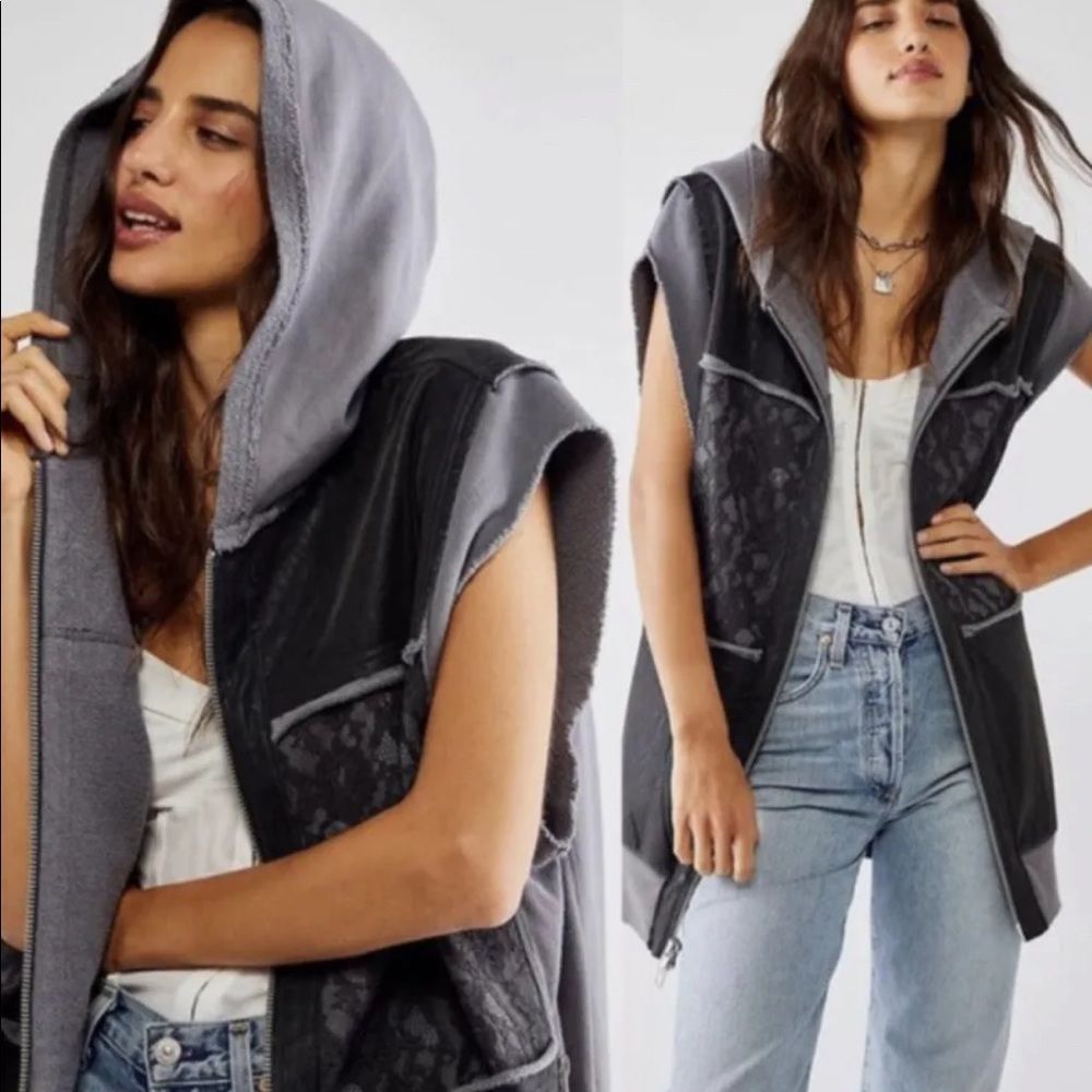 Free People Rat Pack Vest Hooded Patchwork Floral Bethel Woodstock Black Gray